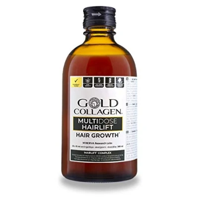 Afbeelding van GOLD COLLAGEN MULTIDOSE HAIRLIFT (300 ml = 1 maand) Door de vloeibare formule: 20x betere absorptie dan poeders of capsules. Gehydrolyseerd vloeibaar collageen met actieve ingrediënten tegen een betaalbare prijs voor haargroei en hoofdhuid.