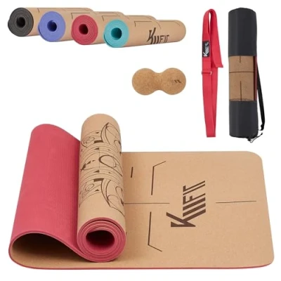 Afbeelding van KM Fit Yoga mat Fitness Sport extra dik anti slip gemaakt van natuurrubber, TPE en katoen Incl. yogariem &amp; fascia duoball Roze