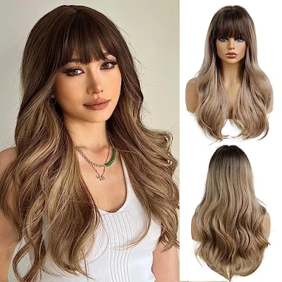 Afbeelding van OUFEI Donkerblonde pruik met pony, hittebestendige kunstvezel, lange natuurlijke golf, ombre voor dames, dagelijks gebruik en feest