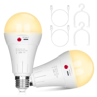 Afbeelding van USB oplaadbare gloeilamp, 10 W, E27 ledlampen, knopbediening, dimbaar, 2000 mAh batterijlamp met haak voor noodverlichting binnen en buiten (warm wit, 2 verpakkingen)