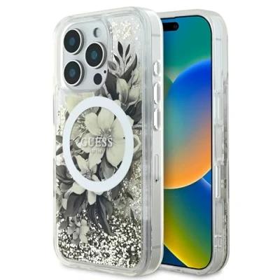 Afbeelding van CG Mobile Guess GUHMP16LLFMWTE Hard Case voor iPhone 16 Pro 6,3 inch Beige Vloeistof Glitter Bloemen