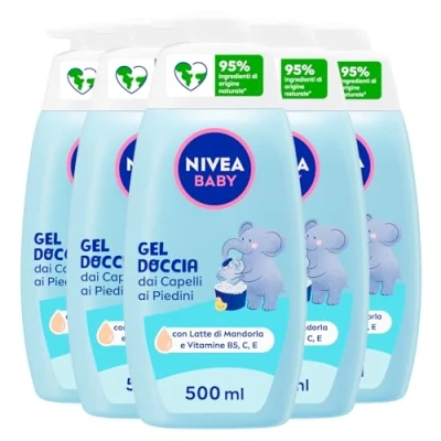 Afbeelding van Nivea Baby Douchegel aan de voeten, kindershampoo, lichaam en haar, douche, zacht hypoallergeen, amandelmelkreiniger, 5 x 500 ml flessen
