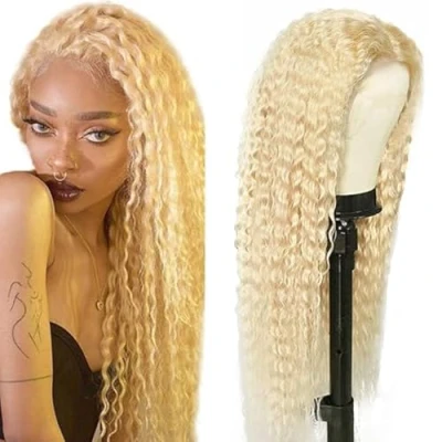 Afbeelding van Tuheerst Blonde Human Hair Pruik Curly Wave voor dames, echt haar, 4 x 4#613, Zwitserse kant, 100% onbewerkt, Braziliaans Remy geen geur 61 cm