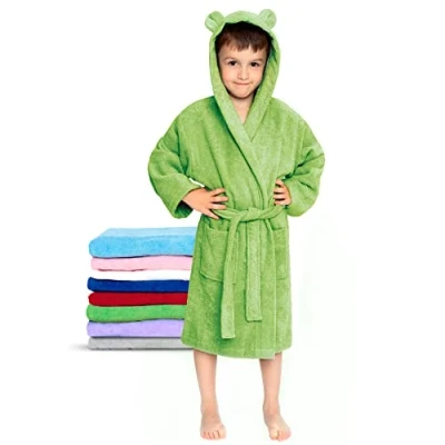 Afbeelding van Twinzen: badjas voor kinderen, van katoen, meisjes en jongens, 100% katoen Oeko Tex® zonder chemische producten, 2 zakken, riem, kap met oren, Groen