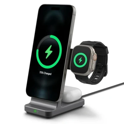 Afbeelding van Spigen OneTap Pro 3 MagFit in 1 draadloze snellaadstandaard, 【Qi2】 MagSafe oplaadstandaard, compatibel met iPhone 16/15/14/13/12, Apple Watch 2/3/4/5/6/7/8/9/10/SE/Ultra, AirPods Gen 2