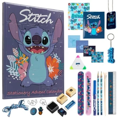 Afbeelding van Disney Stitch Adventskalender 2023, schrijfwaren, speelgoed, accessoires, stickers, Lilo en Advent Calendar voor kinderen (Blauw, Stitch, schrijfwaren)