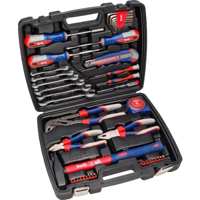 Afbeelding van kwb gereedschapskoffer inclusief schroevendraaierbits, 42 delig, gevuld, robuust en hoogwaardig, ideaal voor huishouden of garage, GS getest, in praktische kunststof koffer, rood, blauw, grijs