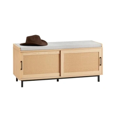 Afbeelding van SoBuy FSR154 N Opbergbank, Schoenenbank, Entree Opbergmeubel met Gewatteerd Kussen, 2 Schuifdeuren en Geweven Rotan Gevels, 110 x 40 49 cm,