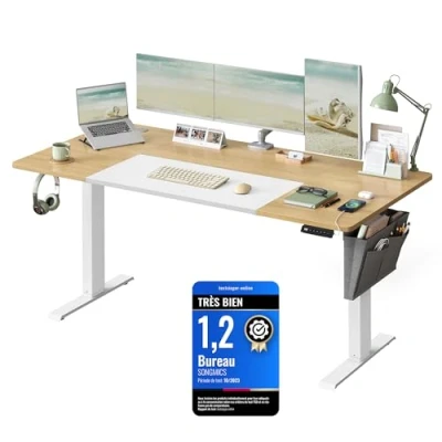 Afbeelding van SONGMICS In hoogte verstelbaar elektrisch bureau, 70 x 160 (72 120) cm, traploos verstelbaar, gelijmd blad, geheugenfunctie met 4 hoogtes, basis pastelgeel wit LSD026N01