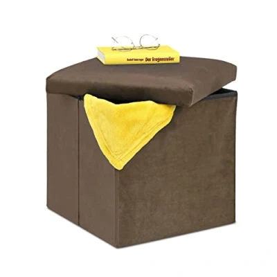 Afbeelding van Relaxdays poef met opbergruimte opvouwbare hocker fluweel opbergpoef stof voetenbank bruin