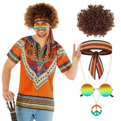 Afbeelding van Morph hippie kostuum voor heren, jaren 70 kostuum, 60 carnaval L, Oranje