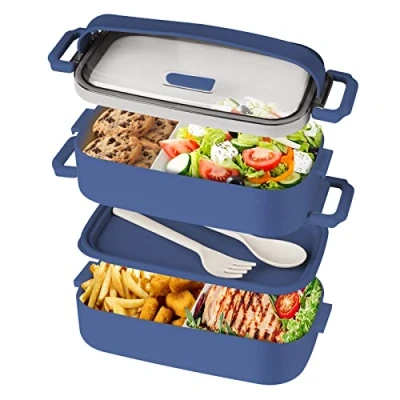 Afbeelding van Lunchbox voor volwassenen en kinderen, met vakken, lekvrij, ideaal werk, school onderweg, 1600 ml, blauw