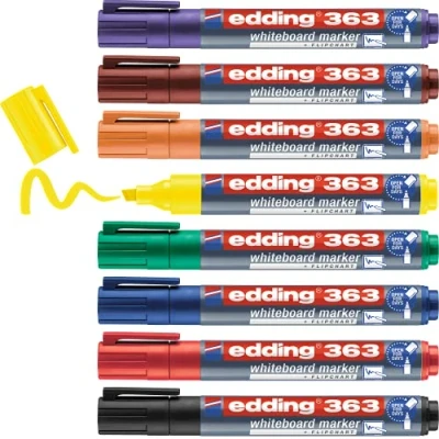 Afbeelding van edding 363 whiteboardmarker set diverse kleuren 8 whiteboard stiften beitelpunt 1 5 mm boardmarker uitwisbaar voor whiteboard, flipchart, prikbord, memobord sketchnotes navulbaar in kartonnen verpakking