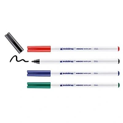 Image de edding 4600 Lot de 4 stylos textiles Noir, rouge, bleu, vert Pointe ronde 1 mm Marqueurs permanents pour le dessin sur textile, résistant au lavage jusqu&#039;à 60 C Stylo textile
