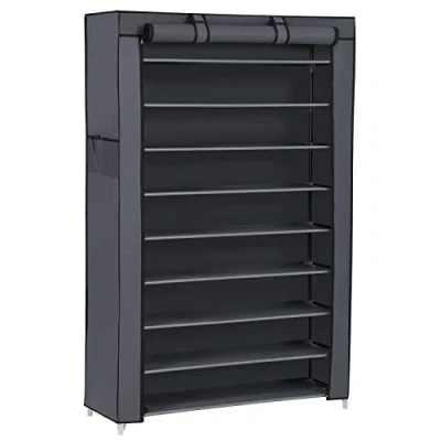 Image de SONGMICS Étagère à Chaussures en Tissu 10 Niveaux, Meuble de Rangement 28 x 88 160 cm, avec Housse Protection, Sport, Talons Hauts, Pantoufles, Cadre Métal, Gris RXJ36G