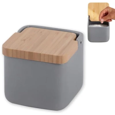 Afbeelding van zoutpot keramiek met klapdeksel van bamboe, praktische en zoutcontainer voor de keuken, zoutvat deksel, ideaal als zoutpot, mat grijs, 11,2 x cm