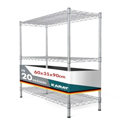 Afbeelding van KARAT Everest Metalen rek verchroomd decoratief en robuust opbergrek voor badkamer, keuken, kantoor, magazijn, kelder (3 planken, 60 x 35 90 cm)