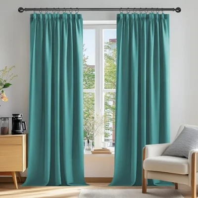 Afbeelding van Deconovo Set van 2 gordijnen voor kantoor, kinderkamer, woonkamer, rimpelband, ondoorzichtig, thermo gordijn, keuken, decoratief, turquoise, 117 x 229 cm
