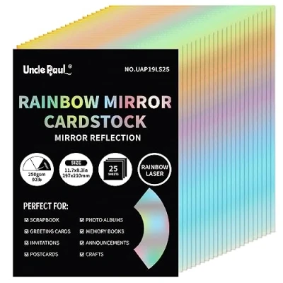 Afbeelding van A4 regenboogspiegelkarton, 25 vellen 250 g/m² metallic reflecterend papier om te knutselen, gekleurd laserkarton voor verjaardagsfeestdecoratie UAP19LS25