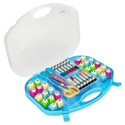 Afbeelding van Exerz Fantasie perforator, 40 delig, doe het zelf ponsset, knutselschaar, kleurpennen, kunst en handwerk, in een opbergdoos