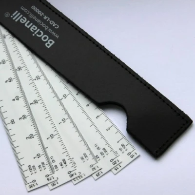 Afbeelding van 5 bladige waaiervormige kunststof liniaal 1:10 1:15 1:20 1:25 1:30 1:33 1:40 1:50 1:75 1:100 1:125 1:150 1:200 1:250 1:2500. 300 1: 400 1:500 1:750 1:1250