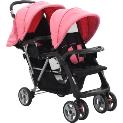 Afbeelding van vidaXL Kinderwagen dubbel staal roze en zwart