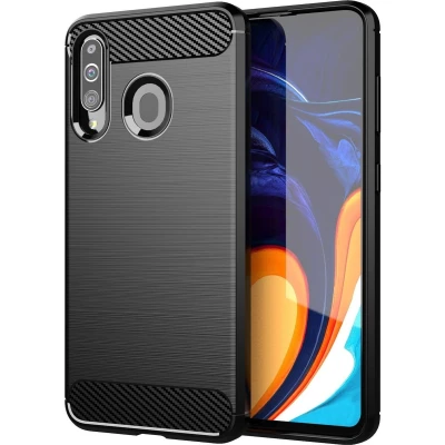 Afbeelding van Cadorabo Hoesje geschikt voor Samsung Galaxy A20s in Brushed Zwart Beschermhoes van flexibel TPU siliconen roestvrij staal carbonvezel look Case Cover