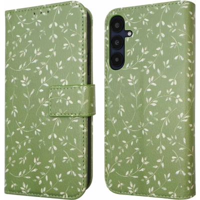 Afbeelding van iMoshion Hoesje Geschikt voor Samsung Galaxy A35 Met Pasjeshouder Design Bookcase smartphone Groen / Green Flowers