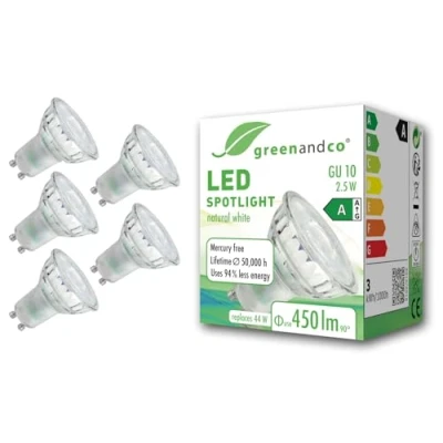 Afbeelding van greenandco 5 x ledlampen GU10 2,5 W 450 lm 4000 K neutraal wit 36 230 V flikkervrij energie efficiëntieklasse A niet dimbaar