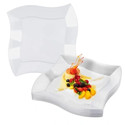 Afbeelding van MATANA 20 transparante borden van hard plastic voor verjaardagen, bruiloften en feesten, 26 cm, golvend design, robuust herbruikbaar
