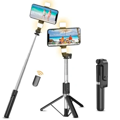 Afbeelding van CNMTCCO statief selfiestick met 2 vullampen, extra lang van 130 cm afneembare draadloze afstandsbediening voor filmen, compatibel iPhone, Samsung, smartphone enz