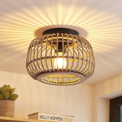Afbeelding van Lindby plafondlamp hout 1licht rotan, staal H: 21.5 cm E27 mat zwart, licht