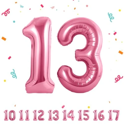 Afbeelding van Ballonnen verjaardag 13 roze 100 cm ballon cijfer 13, nummer Happy Birthday decoratie, ballonnen, verjaardagsfeest, jaren vliegen dankzij helium