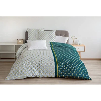 Image de HOME LINGE PASSION Parure de couette Rainbow 1 housse 220x240 cm + 2 taies 65x65 Bleu vert , curry et blan