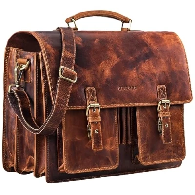 Afbeelding van STILORD &#039;Anton&#039; Aktetas Heren Leer Schoudertas Groot Vintage met Laptopvak 15,6 inch Lederen Tas Laptoptas Business Tassen Echt Leder, Kleur:kara cognac