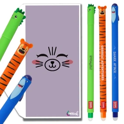 Afbeelding van Legami Lot de 3 stylos effaçables avec jolie enveloppe (requin, dinosaure, tigre)