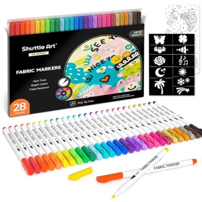 Afbeelding van Shuttle Art 28 stuks permanente textielmarkers, kleuren met fijne punt voor kleding, T shirts, schoenen 11 sjablonen, 1 stofvel, niet giftige markers kinderen en
