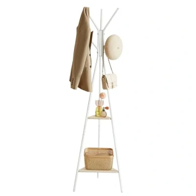Afbeelding van VASAGLE Kapstok op poten, kledingrek, ingangsmeubels, industriële stijl, met 2 planken, voor kleding, hoeden, tassen, natuurlijk beige en parelwit RCR016N01