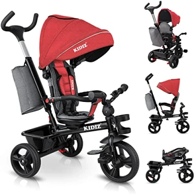 Afbeelding van KIDIZ® Driewieler 5 in 1 kinderdriewieler met duwstang, stuursysteem, stang vanaf jaar vooruit en achteruit, jogger, mand, tas, bekerhouder, zonnedak, rubberen wielen, buggy, fiets, baby, inklapbaar, rood
