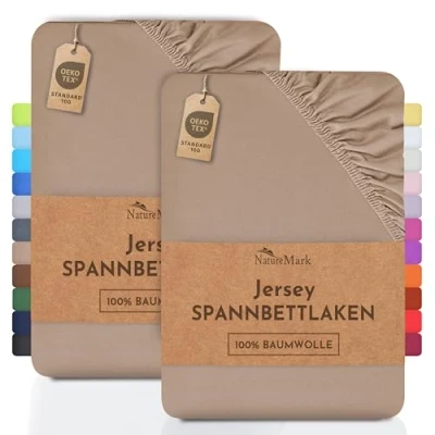 Image de NatureMark Lot de 2 draps housses en jersey pour enfant, 100% coton, dans nombreuses tailles et couleurs, qualité la marque Öko Tex Standard 100, 70 x 140 cm, Sable/Beige