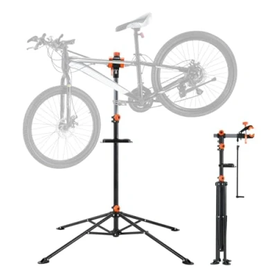 Image de VEVOR Pied d&#039;Atelier Vélo Pliable Charge 36,3 kg Support de Réparation Réglable en Hauteur Pince Pivotant 360 Stand Bicyclettes avec Porte Outils pour Entretien Montage Vélos Électriques