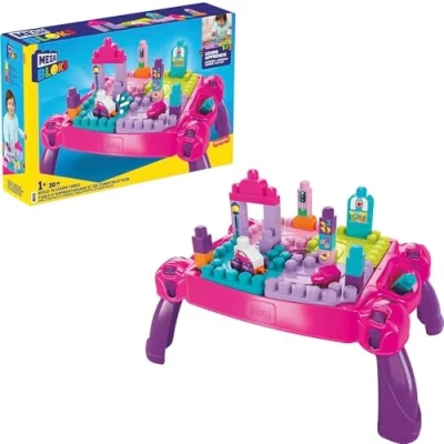 Afbeelding van Fisher Price Bouw en Leertafel van MEGA BLOKS, 30 onderdelen, draagbare tafel, ideaal voor kinderen vanaf 1 jaar, Roze​, FFG22