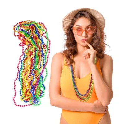 Afbeelding van Relaxdays gekleurde parelketting set van 30 neon jaren 80 carnaval hippieketting