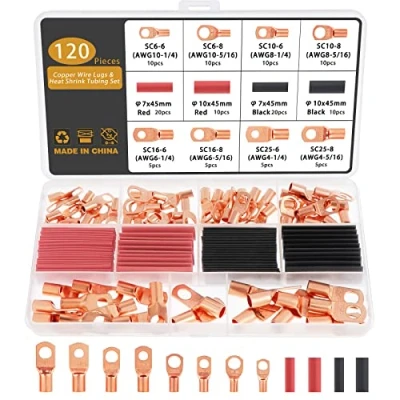 Afbeelding van Gueenky 120 stuks krimpkabelschoenen 6/10/16/25 mm², 8 maten M6 M8 krimpkabelschoenen, elektrische kabelschoenen, SC klemmen, ringkabelschoenen, koper, met krimpkousen