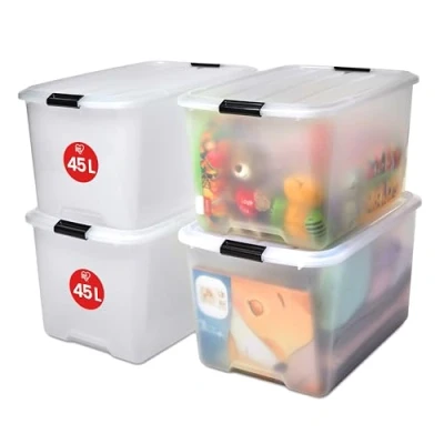 Afbeelding van Iris Ohyama Opbergdozen, set van 4 stuks, 45 liter, met clips, stapelbaar, voor woonkamer, slaapkamer, garage Top Box TB transparant