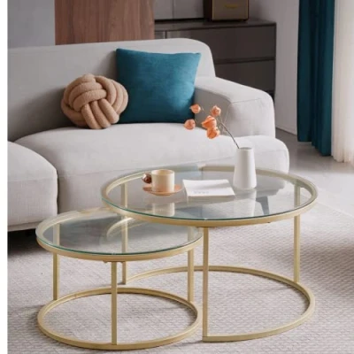 Afbeelding van HJhomeheart Set van 2 ronde bijzettafels, salontafel, groot: 60 x 45 cm; klein: 40 35 cm, goud en glas