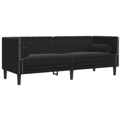 Image de vidaXL Canapé Chesterfield avec traversins 3 places noir velours372698
