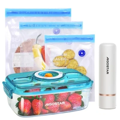 Afbeelding van Aigostar Fresh Vacuümpakket: mini draadloze sealerpomp, vacuümzakken en vacuümcontainer. USB opladen. Voor vlees, groenten, fruit.
