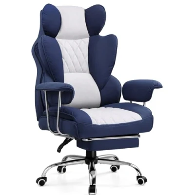 Afbeelding van GTPLAYER Ergonomische gamingstoel, kantelbaar, bureaustoel met voetensteun, gamerstoel, verstelbare rugleuning voor werk en spel (donkerblauw wit)