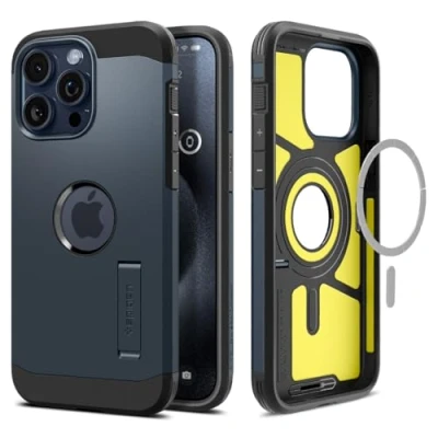 Afbeelding van Spigen Tough Armor Hoesje geschikt voor Apple iPhone 15 Pro Max Compatible met MagSafe Back Cover Uitklapbare Kick Stand Gunmetal